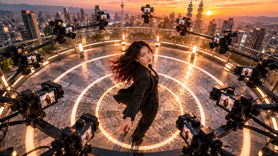 Bullet-Time: Time freezes while the camera moves around the moment.