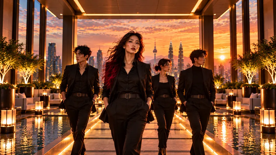 Allia Neko and three colleagues in black suits, framed in perfect symmetry between lit pillars on a Kuala Lumpur rooftop at sunset