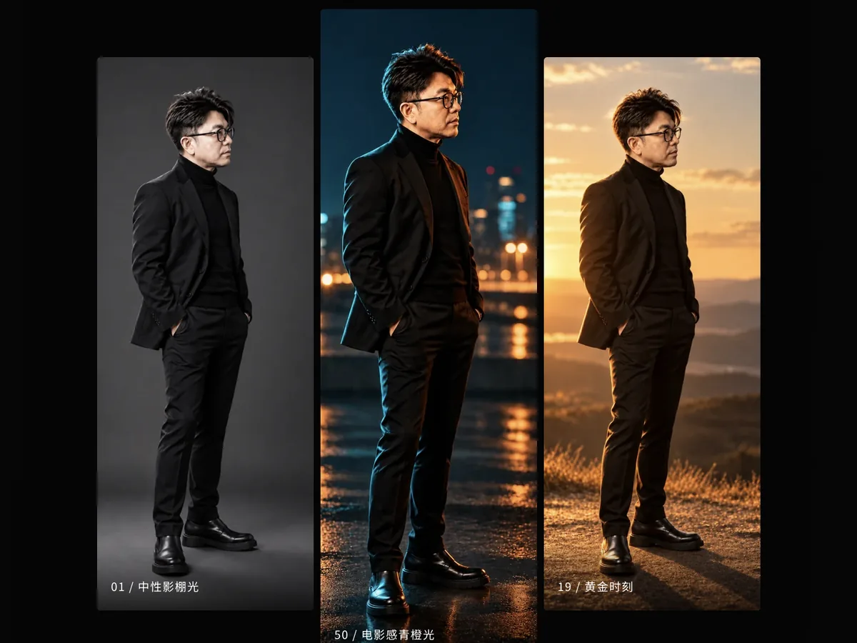 Han Yong in three AI lighting studies: neutral studio, cinematic teal and orange, and golden hour