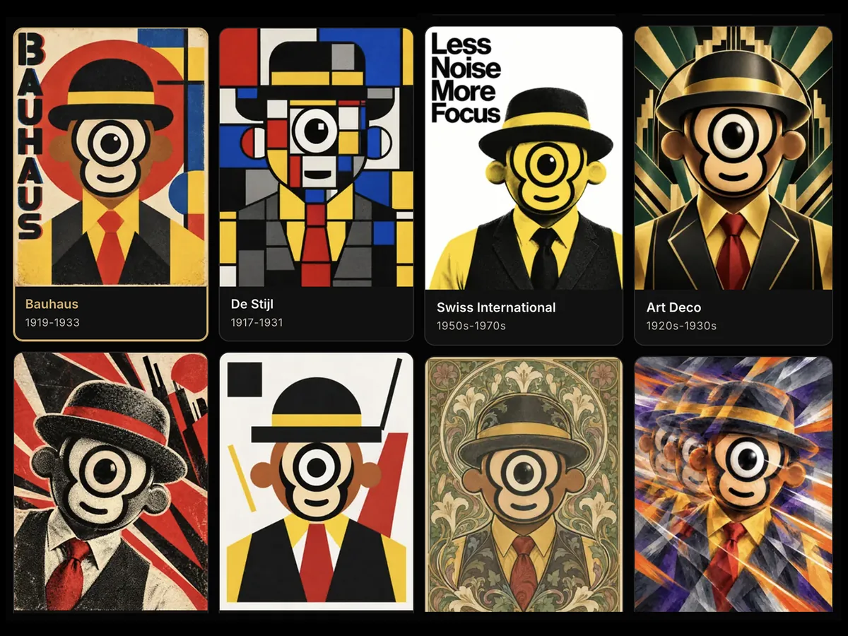 One original character reimagined as Bauhaus, De Stijl, Swiss International, Art Deco and other design movements
