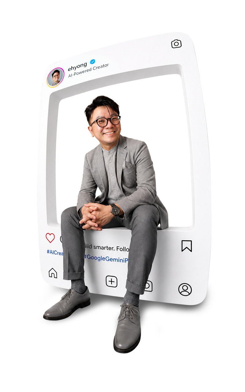 Han Yong seated in front of a stylised social media profile frame