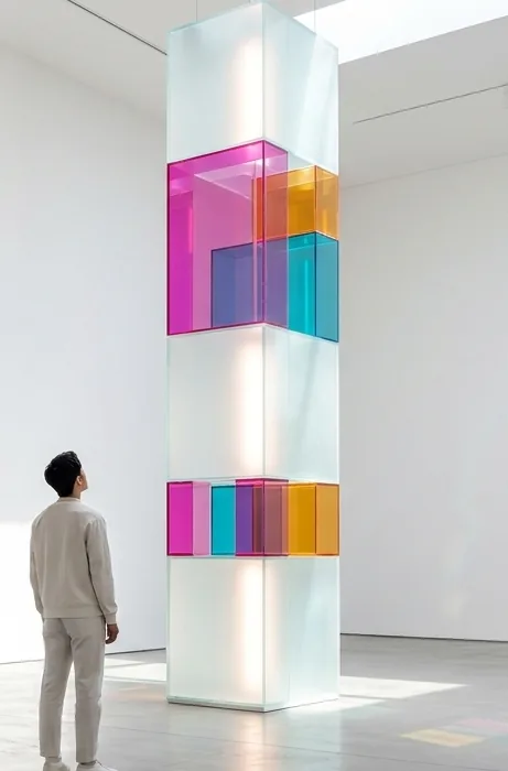 A person looking up at a tall glass column holding coloured acrylic blocks
