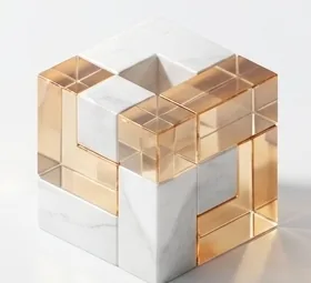 Interlocking marble and amber glass blocks forming one cube