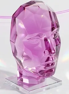 A faceted magenta glass head on a clear stand