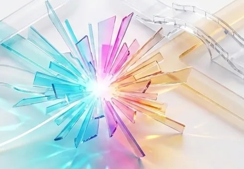 Shards of coloured glass bursting outward from a bright centre