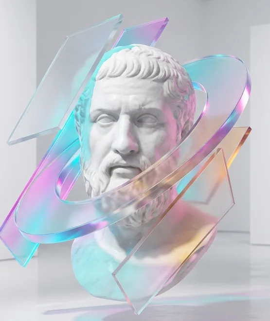 A classical marble bust wrapped in iridescent glass rings, representing clearer creative thinking
