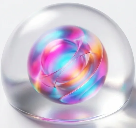 A glowing iridescent sphere protected inside a clear glass dome