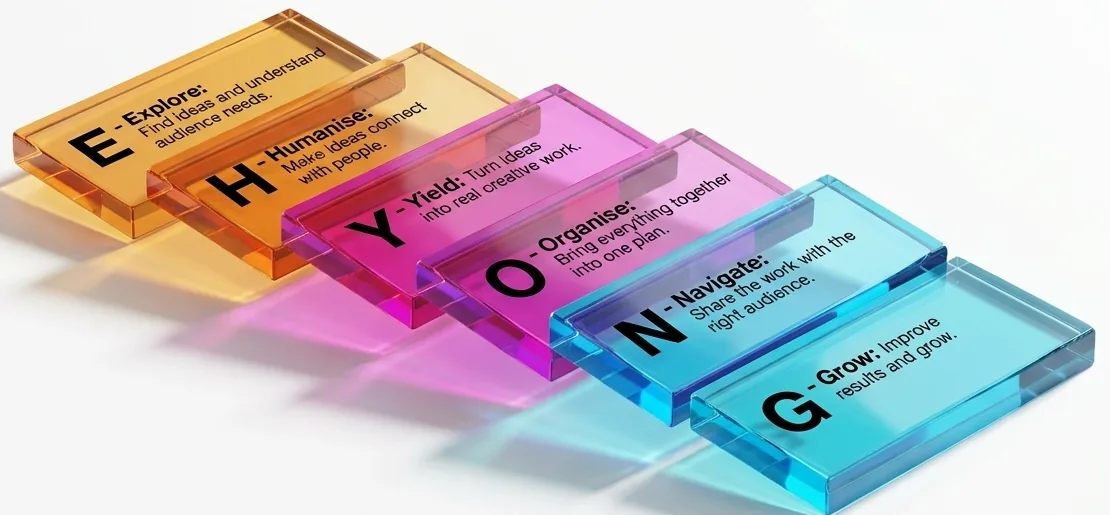 Six coloured glass tiles labelled E, H, Y, O, N and G, laid out in sequence