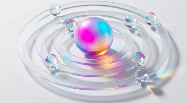 An iridescent sphere at the centre of glass orbits, each carrying a smaller sphere