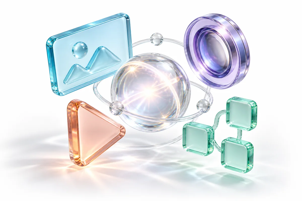 Glass and acrylic still life of a picture frame, an optical lens, a sphere and linked blocks, representing creative work built as a system