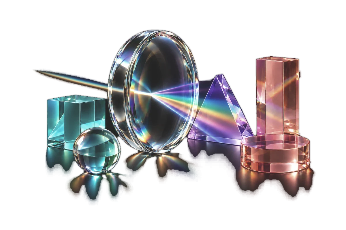 An optical glass lens splitting light into colour beside coloured acrylic blocks