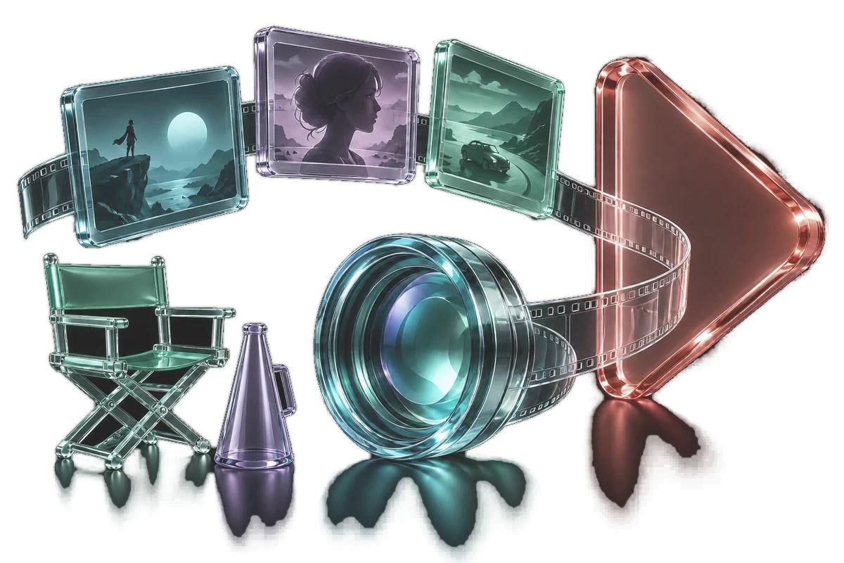 A glass camera lens, director's chair and film strip rendered in coloured acrylic