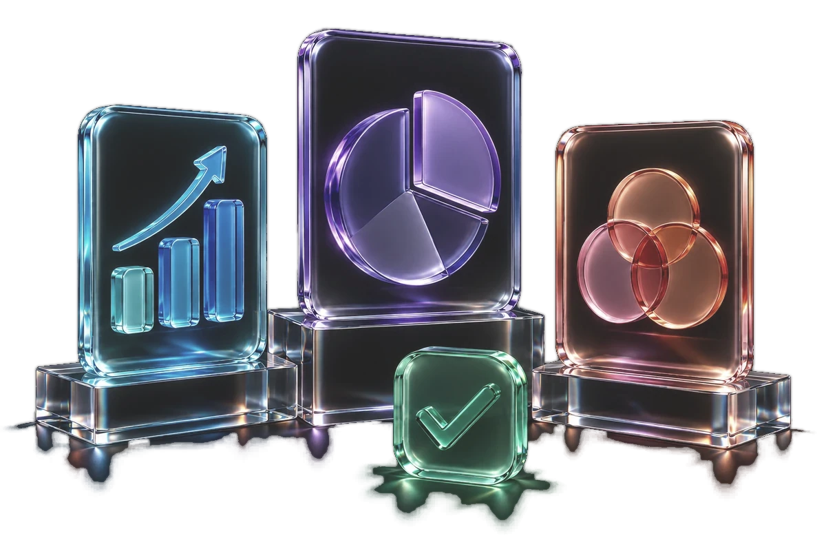 Translucent chart panels and a check mark, representing documented outcomes