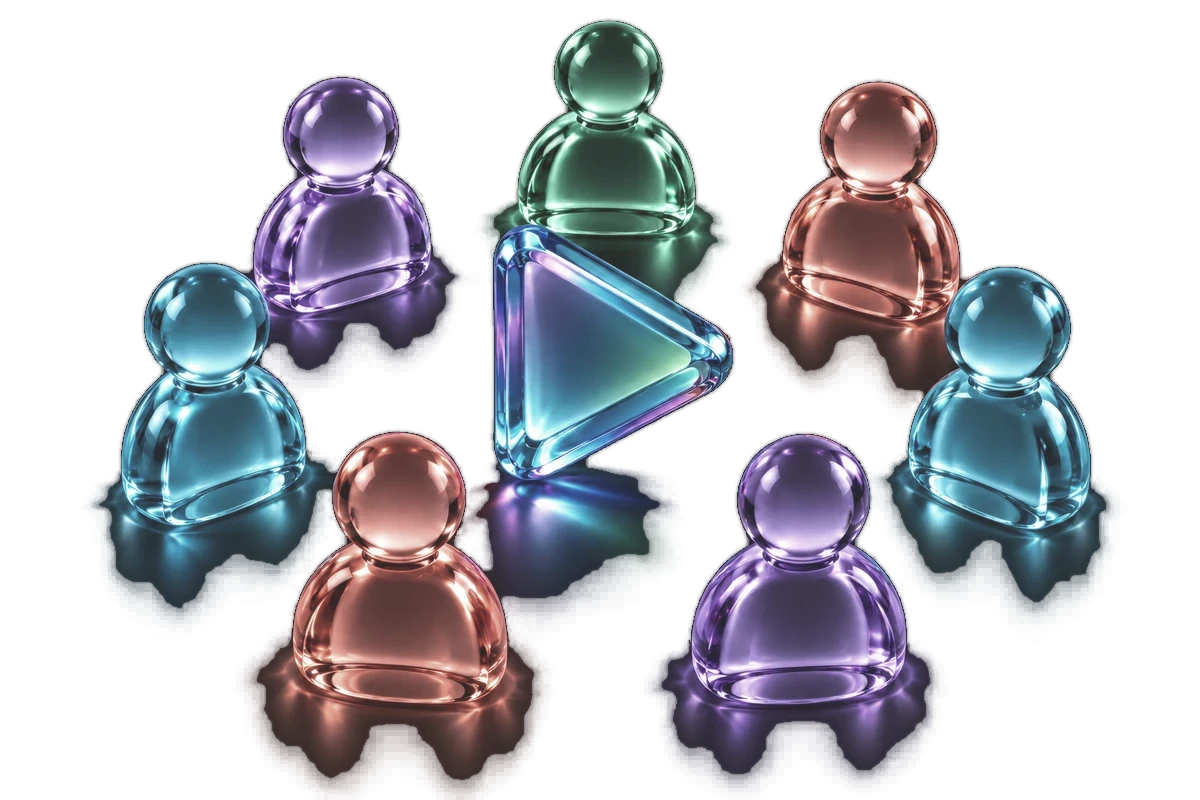 Acrylic figures arranged in a circle around a glass play button, representing a community gathering around AI video
