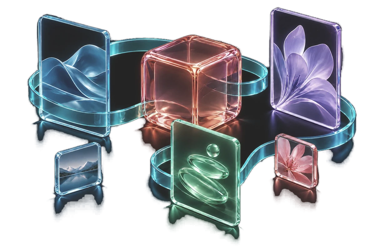 Translucent content panels and cards arranged as a connected publishing system