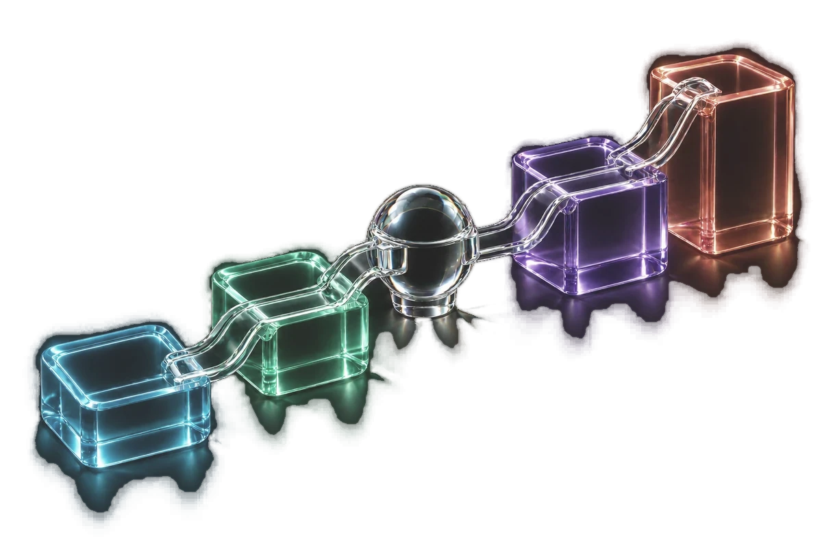 Glass blocks linked in a sequence, representing a team workflow built step by step