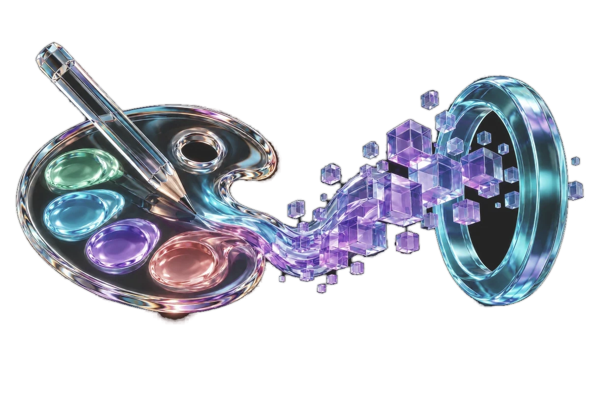 A glass paint palette dissolving into violet pixels and passing through a lens, representing traditional craft moving into digital and AI work