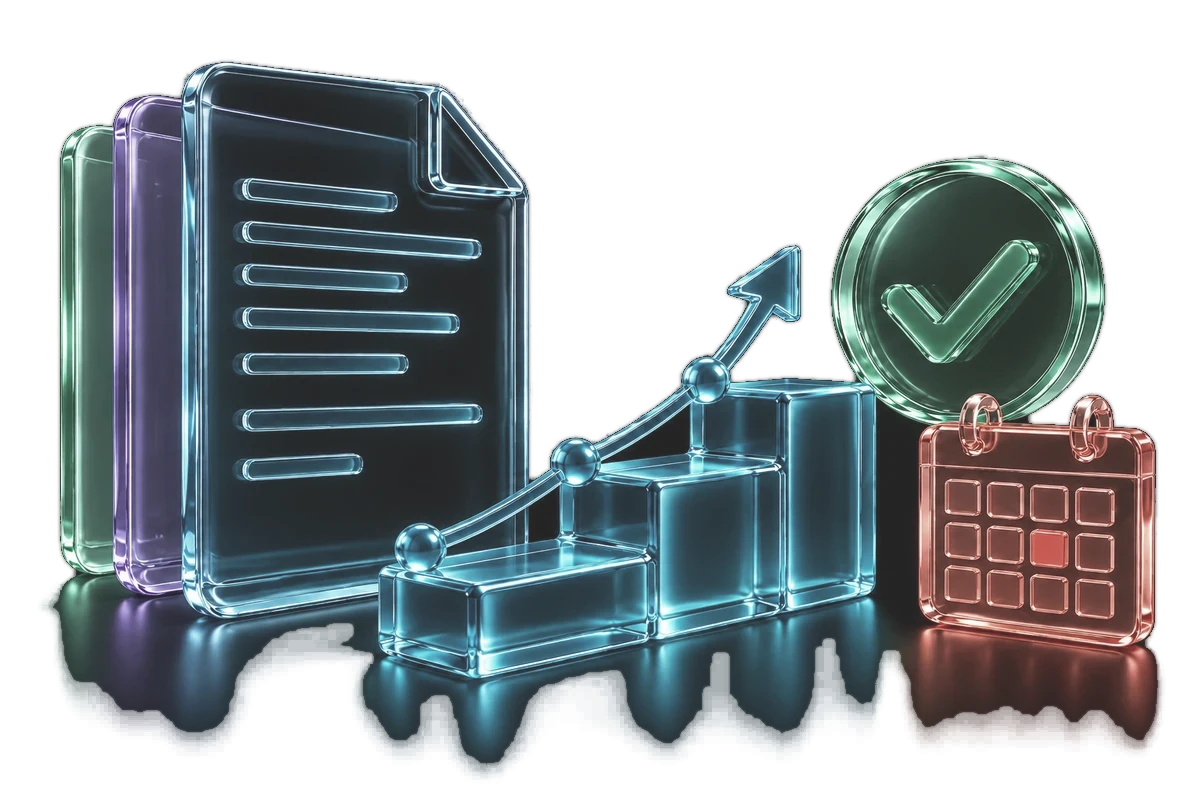 A translucent document, rising chart and approval check mark in coloured glass