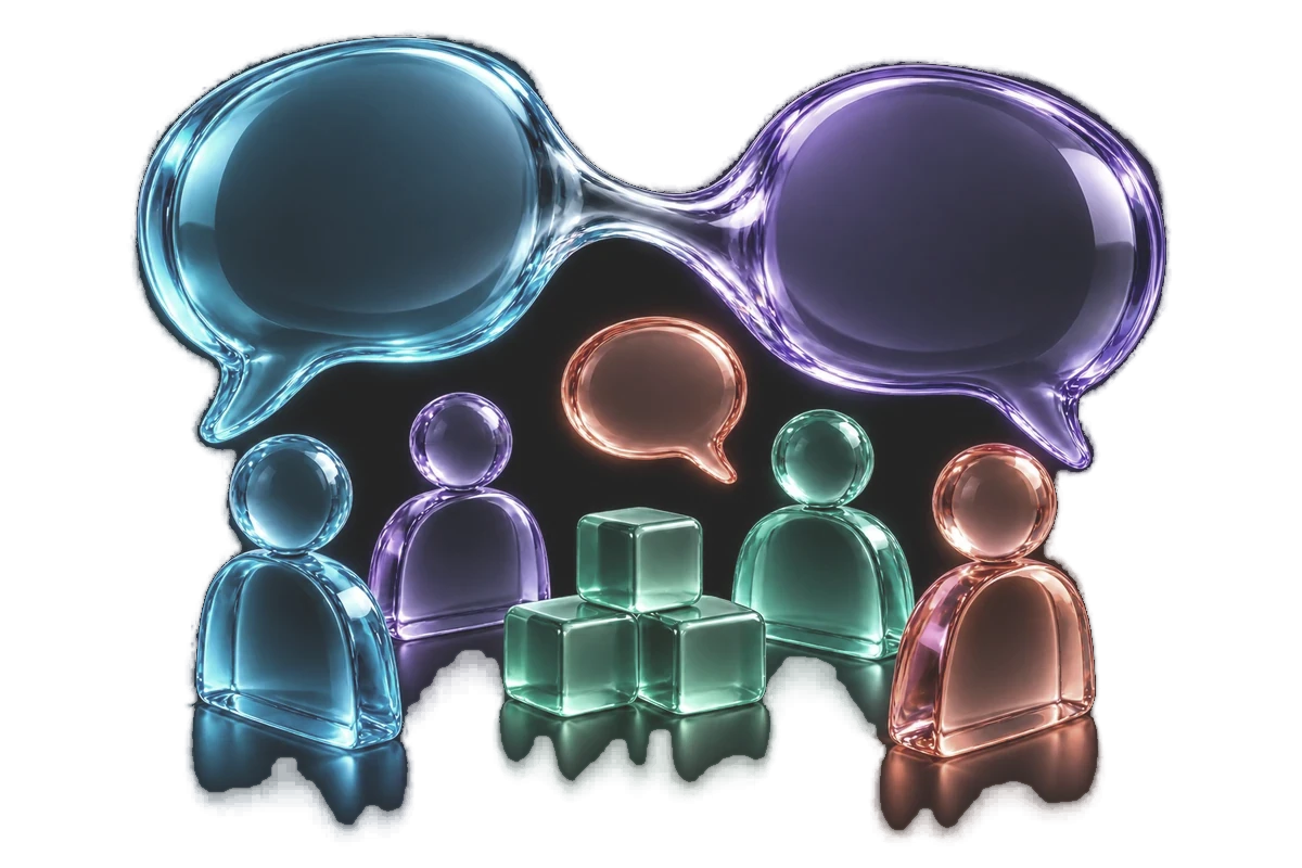 Two glass speech bubbles joined above a group of acrylic figures, representing bilingual delivery