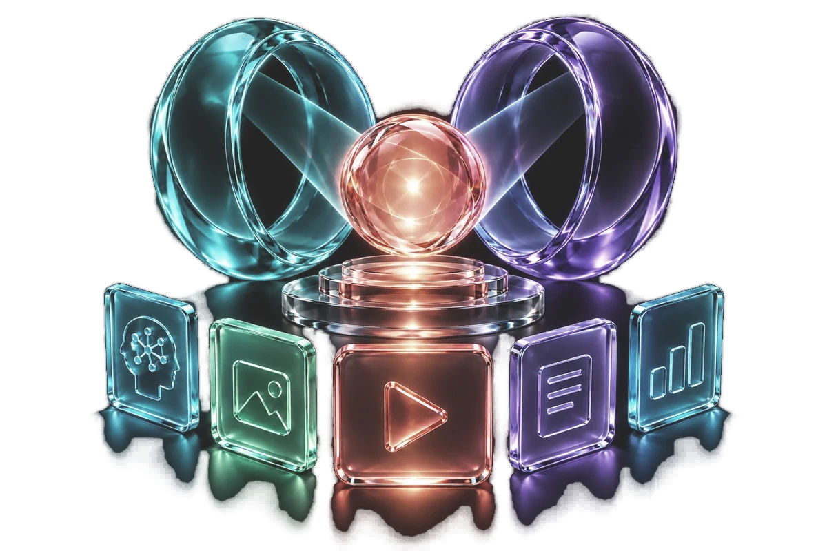 Two interlocking glass rings around a coral sphere, surrounded by acrylic tiles for each part of a personal AI system