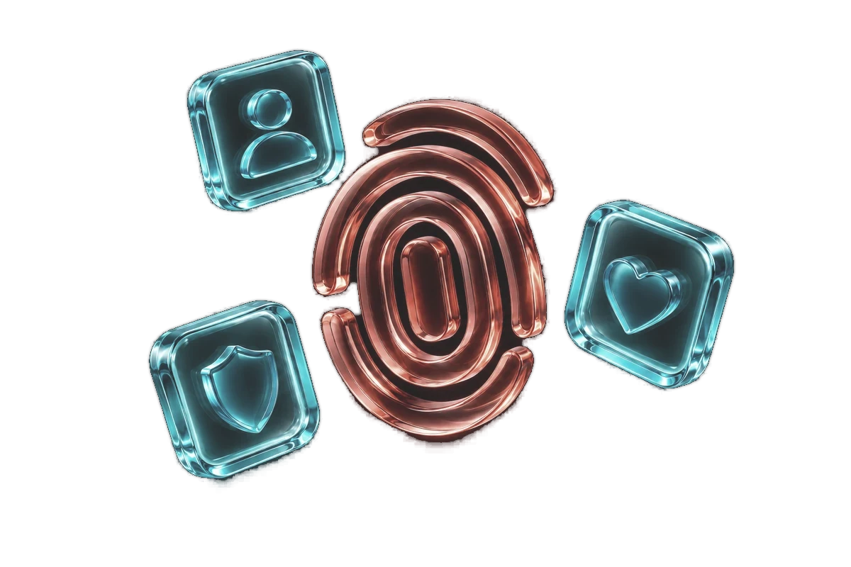 Concentric acrylic rings surrounded by small glass tiles, representing a consistent visual identity
