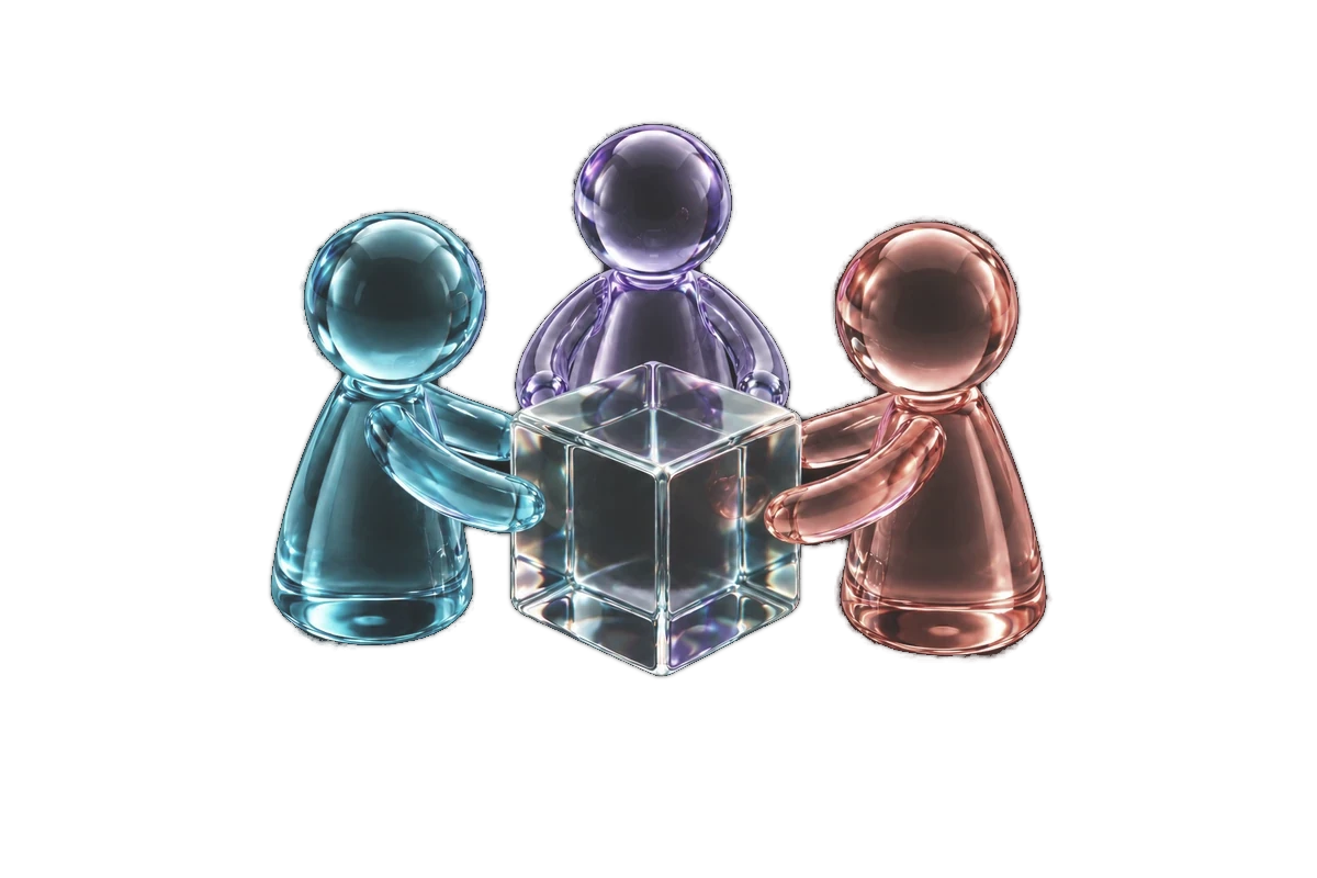 Acrylic figures gathered around a clear glass cube