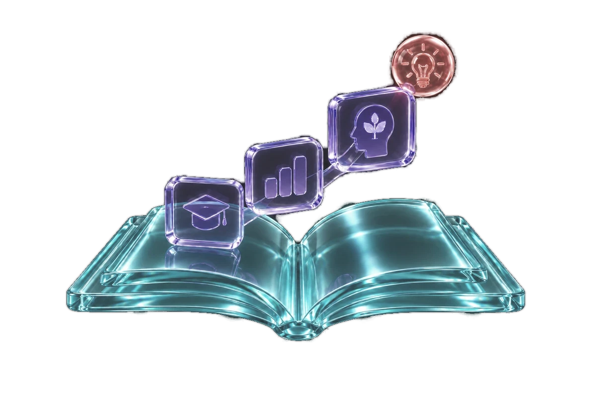 An open glass book with acrylic module tiles rising from its pages