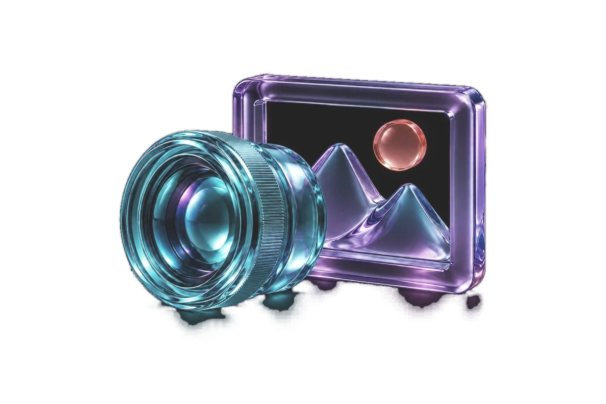 A glass camera lens beside a violet picture frame, representing visual output