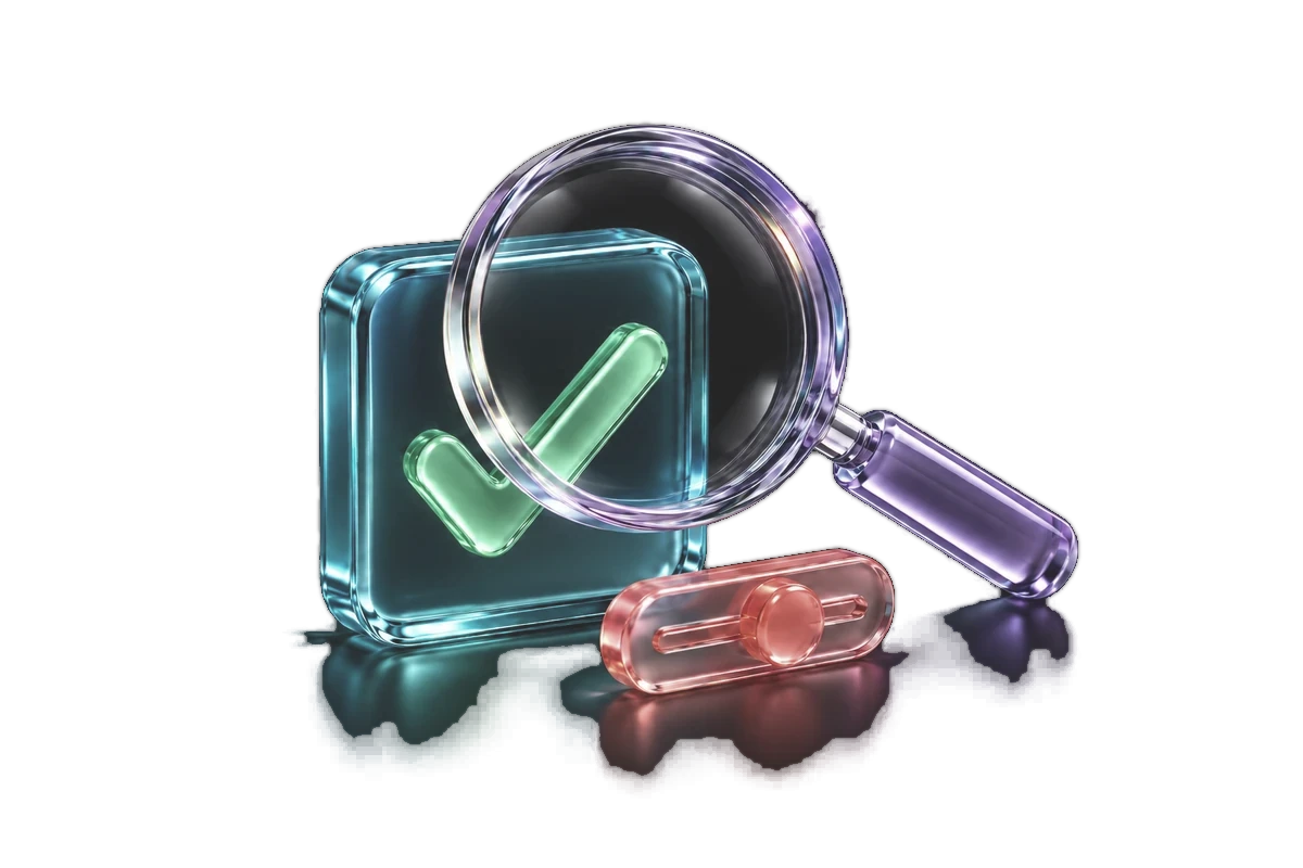 A glass magnifier over a check mark, representing review before an asset ships