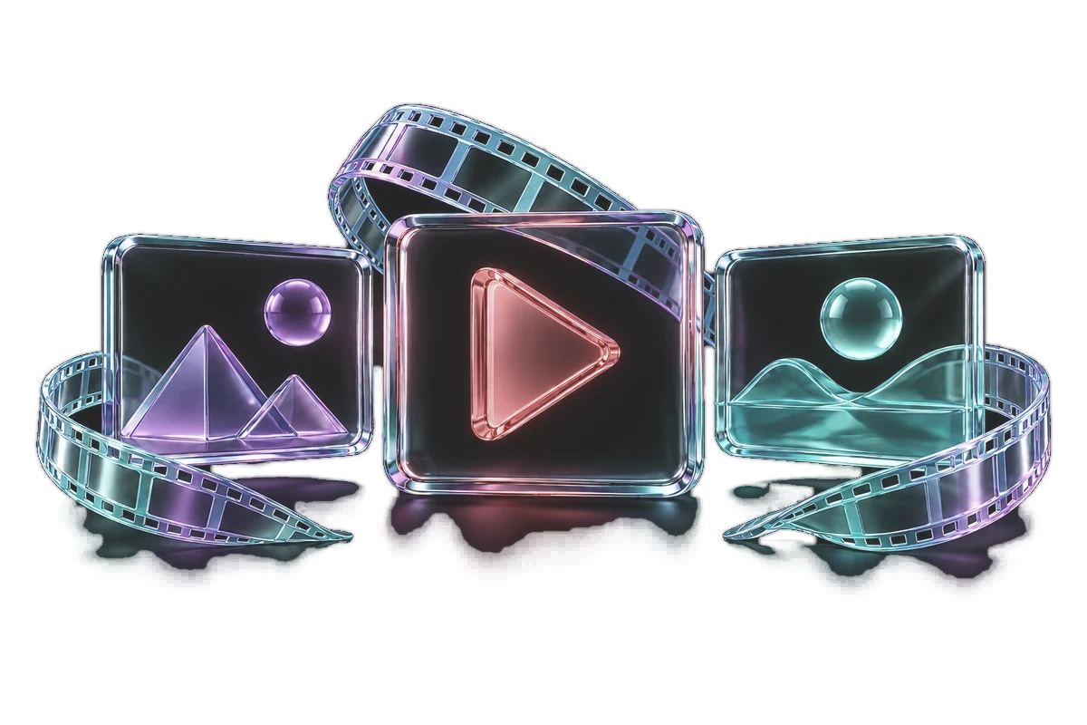 A translucent film strip curving past frames of picture, representing a complete video workflow