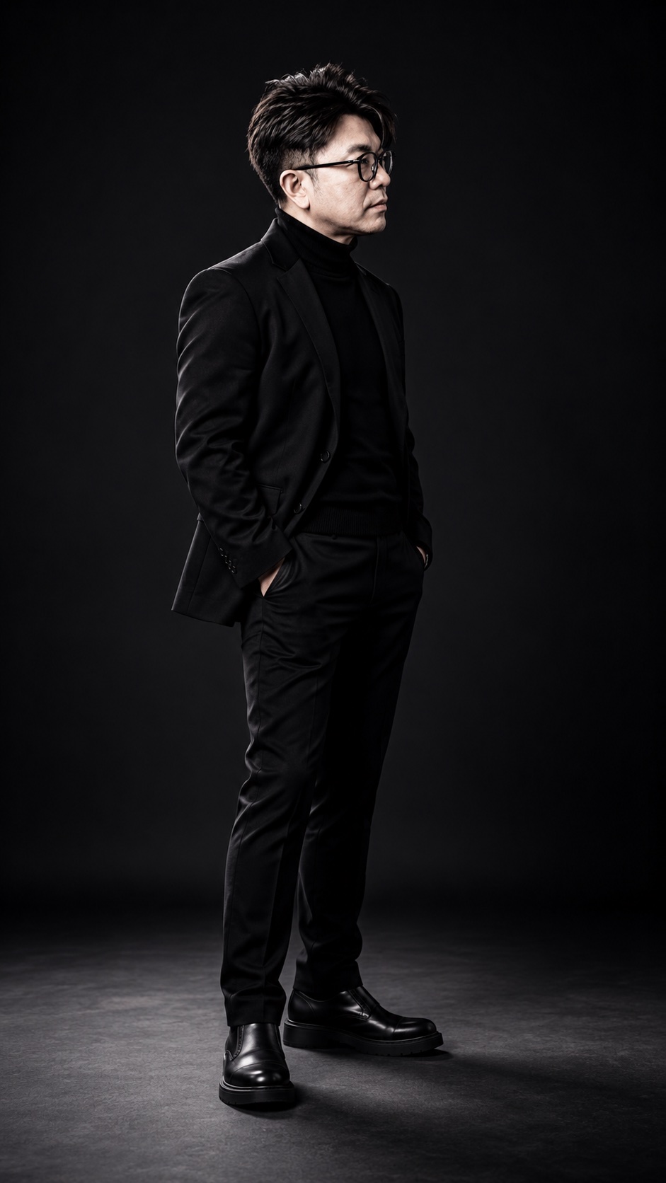 Han Yong in a dark studio portrait for his AI creative practice
