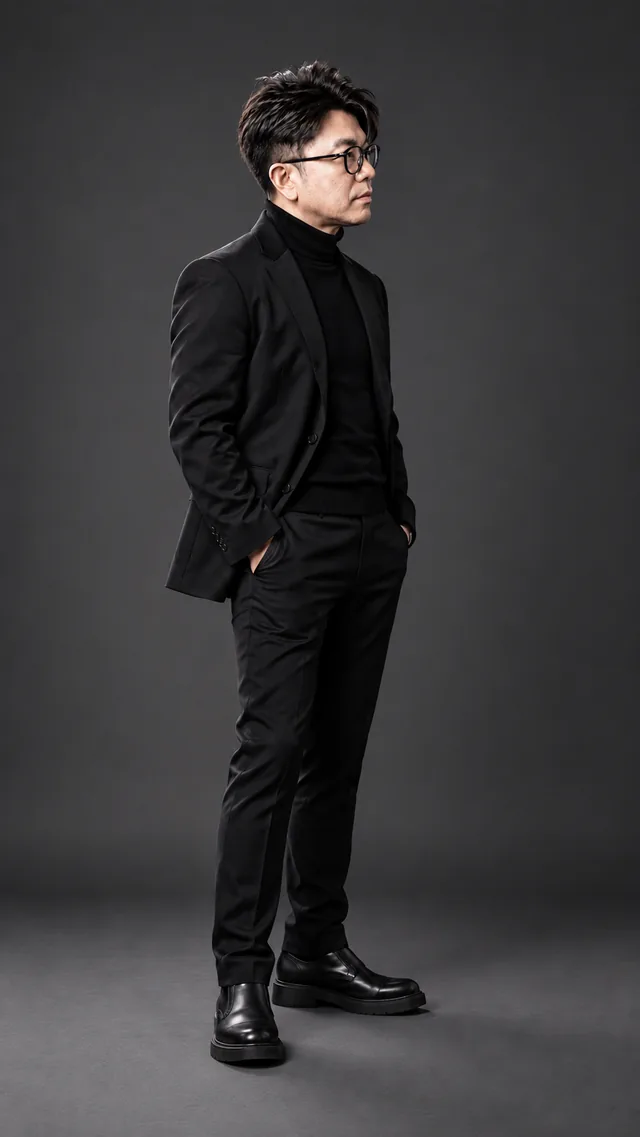 Neutral Studio: the same man in a black suit, showing clean · professional · balanced light.