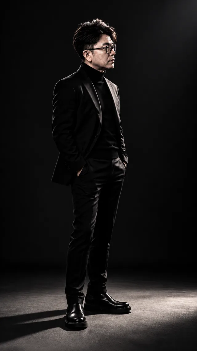 Hard Dramatic Light: the same man in a black suit, showing bold · tense · graphic light.
