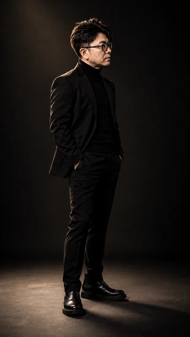 Rembrandt Light: the same man in a black suit, showing dramatic · classical · sculptural light.
