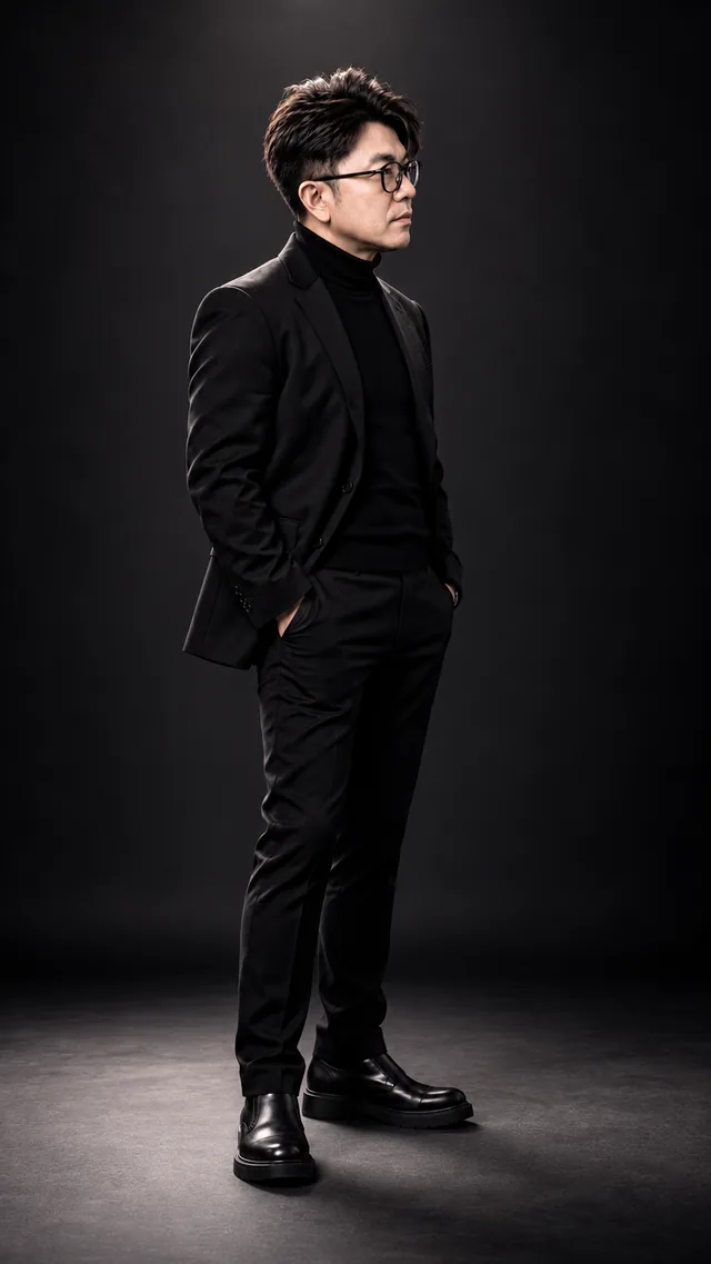 Butterfly Lighting: the same man in a black suit, showing polished · elegant · sculpted light.