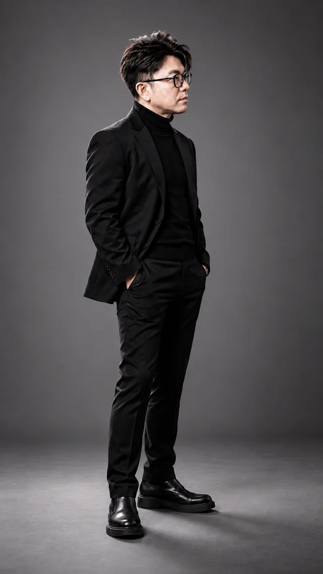 Loop Lighting: the same man in a black suit, showing friendly · dimensional · versatile light.