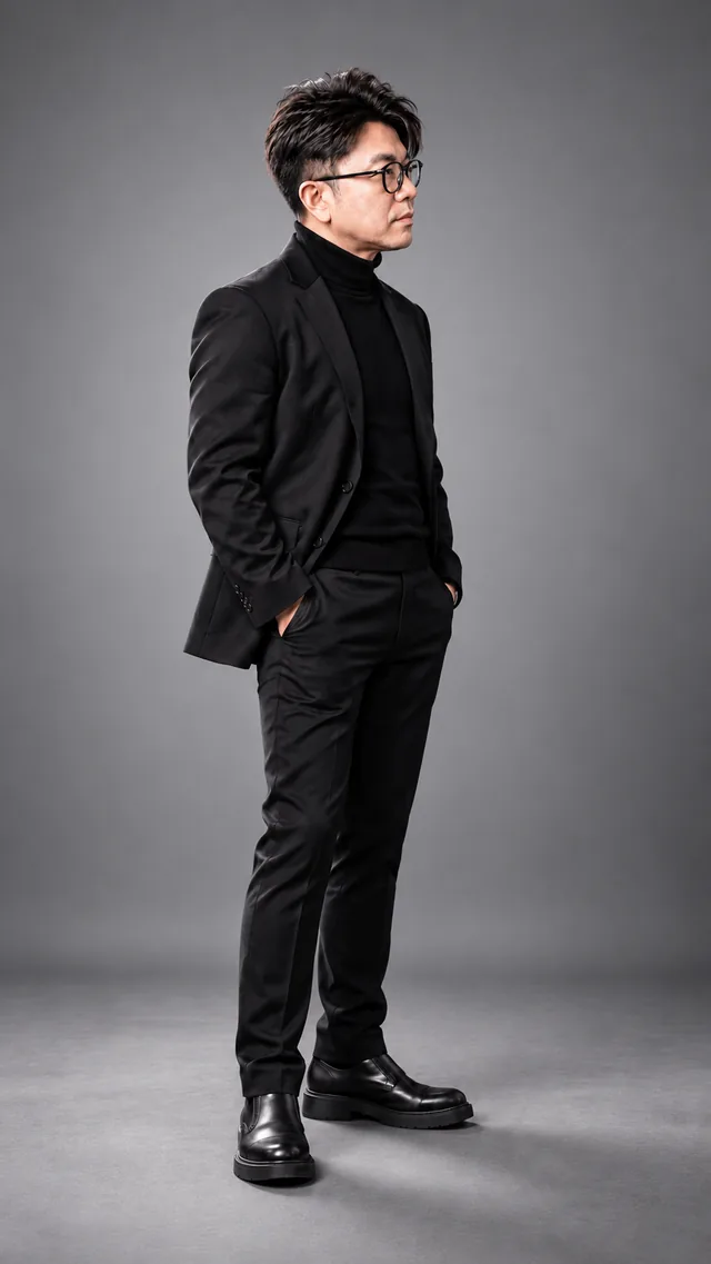 Broad Lighting: the same man in a black suit, showing open · bright · welcoming light.