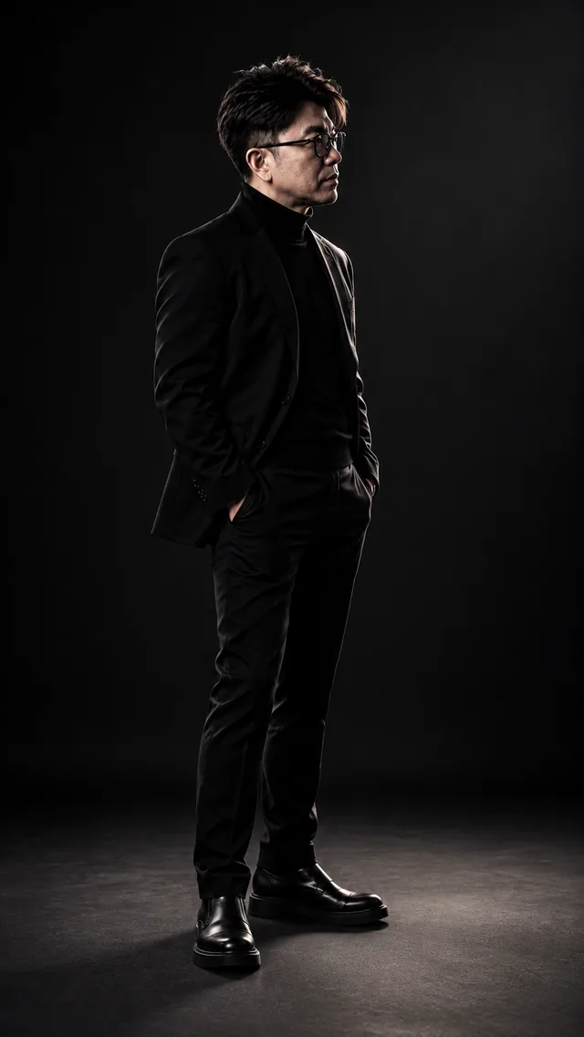 Short Lighting: the same man in a black suit, showing sculpted · intimate · dramatic light.