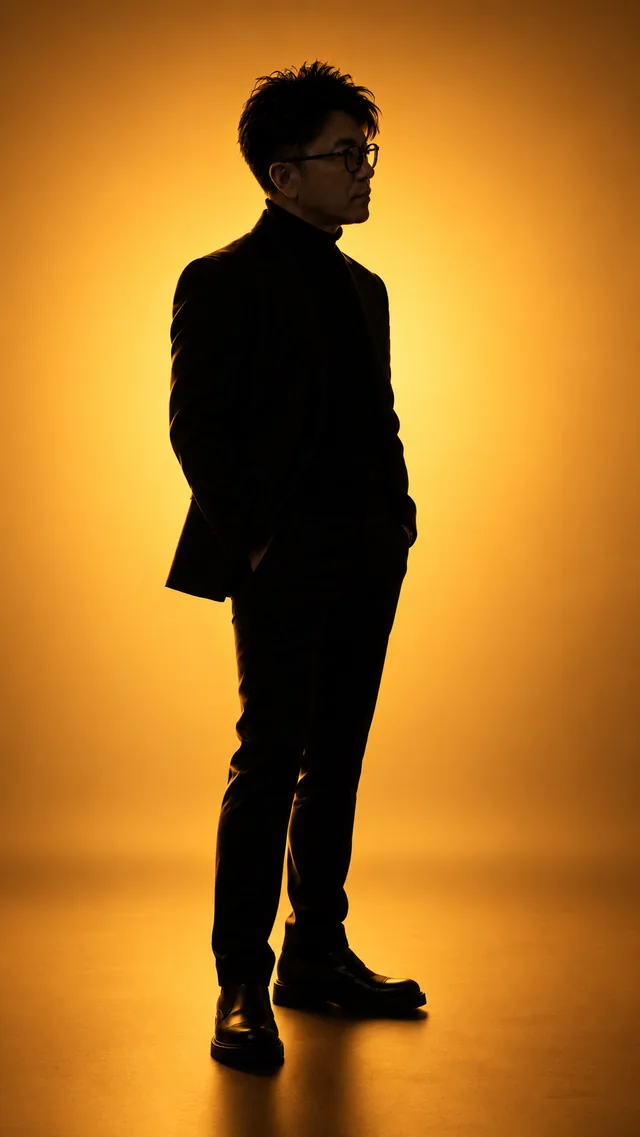 Silhouette: the same man in a black suit, showing graphic · anonymous · powerful light.