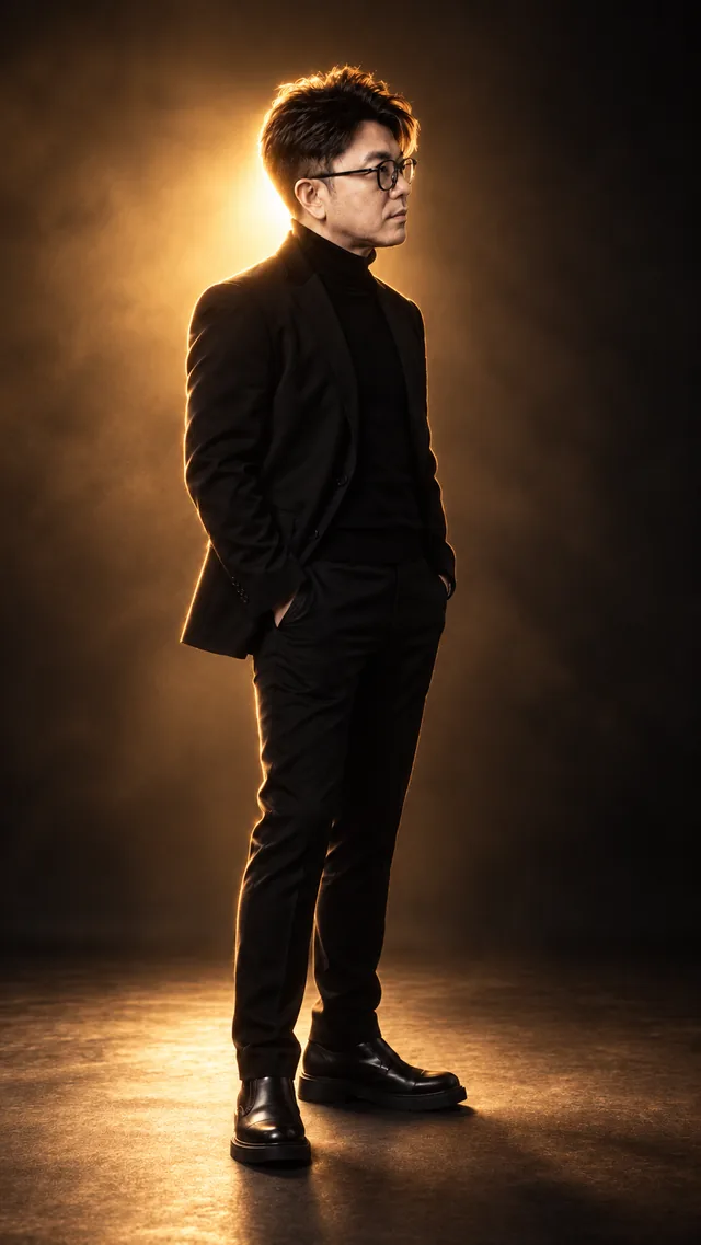 Backlight: the same man in a black suit, showing luminous · atmospheric · expressive light.