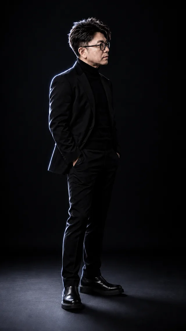 Rim Light: the same man in a black suit, showing precise · sleek · separated light.
