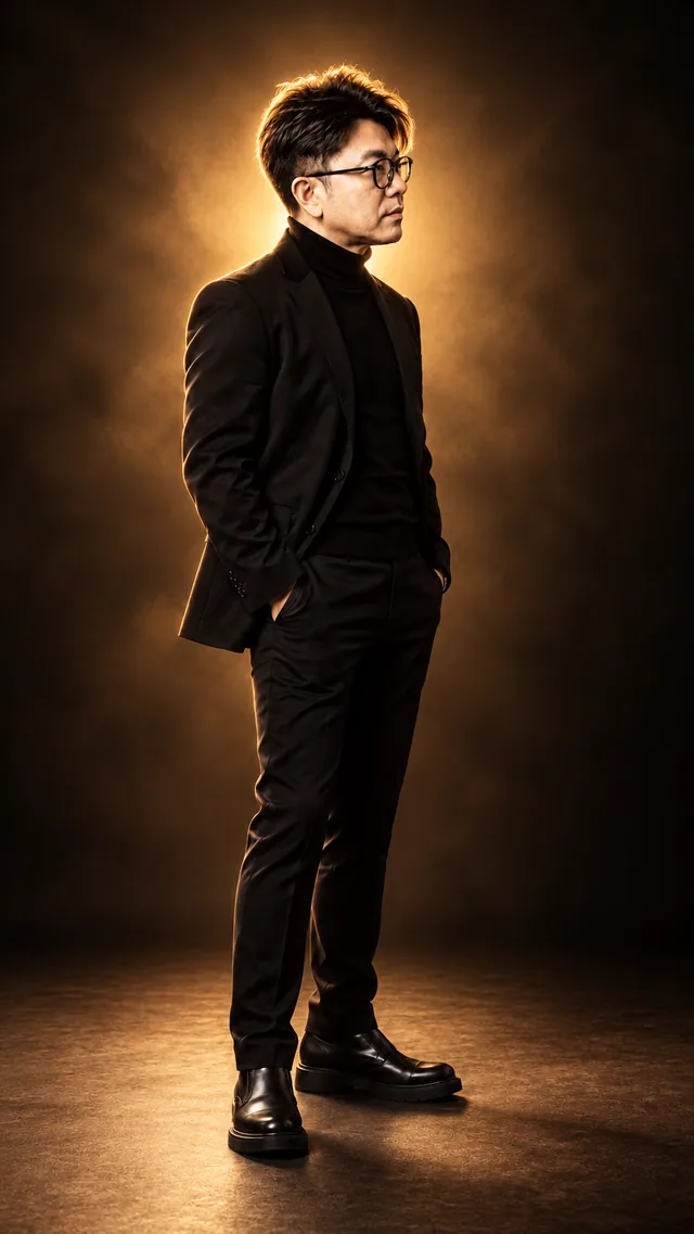 Halo Backlight: the same man in a black suit, showing radiant · dreamlike · theatrical light.