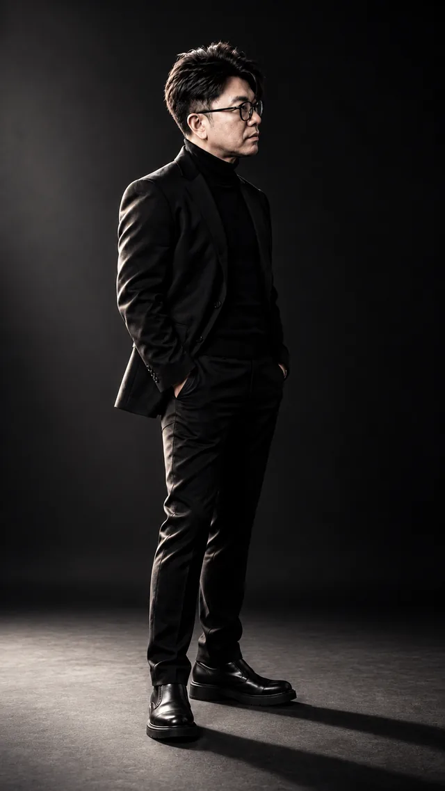 Side Light: the same man in a black suit, showing textured · strong · dimensional light.