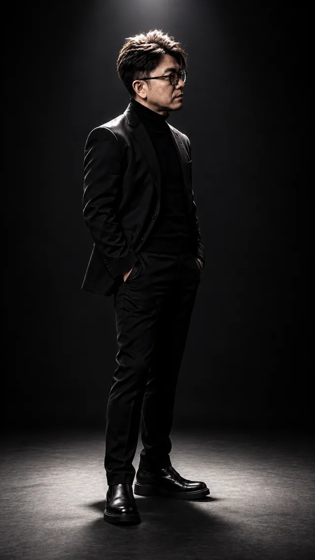 Top Light: the same man in a black suit, showing severe · focused · dramatic light.