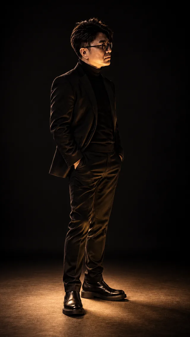 Bottom Light: the same man in a black suit, showing unsettling · strange · theatrical light.