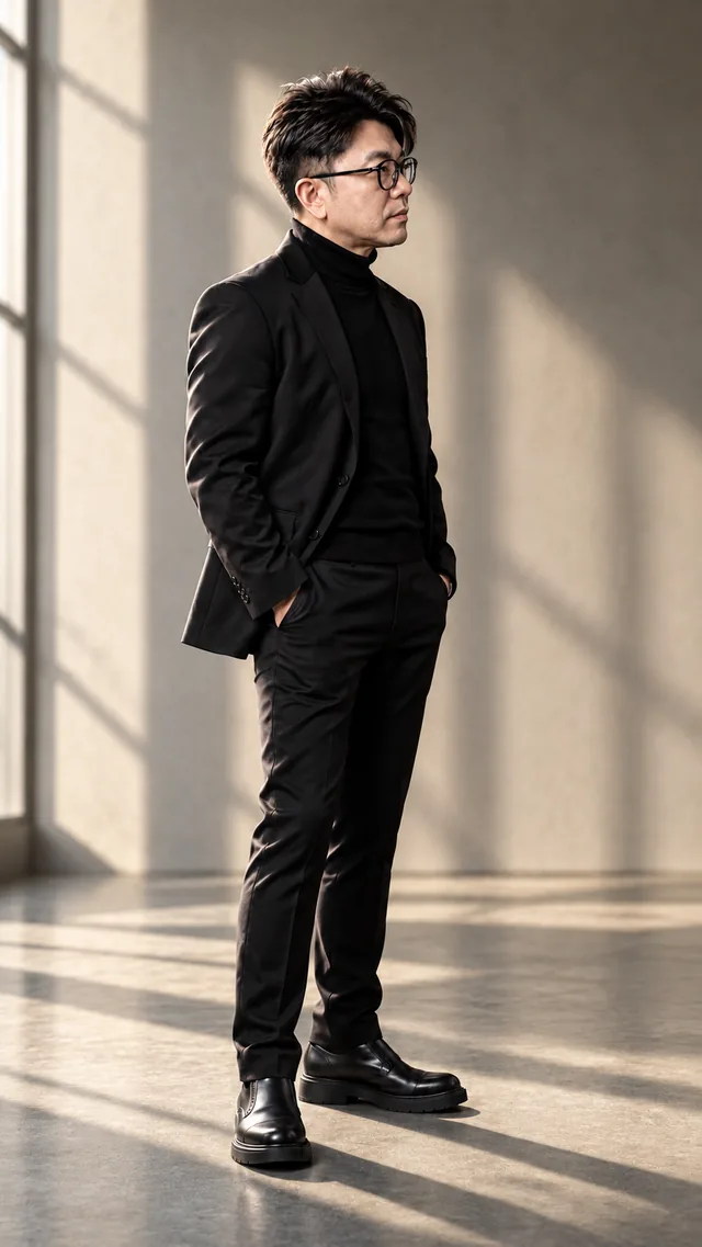 Window Light: the same man in a black suit, showing quiet · intimate · natural light.