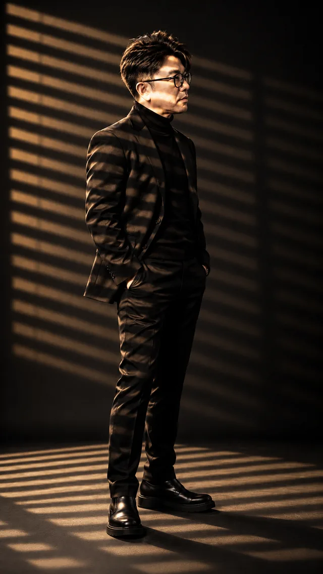 Blinds Light: the same man in a black suit, showing graphic · suspenseful · rhythmic light.