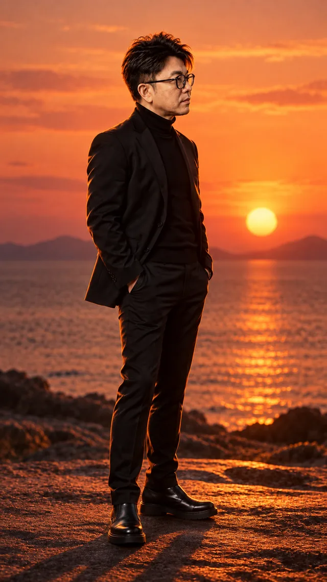 Sunset Light: the same man in a black suit, showing rich · romantic · reflective light.