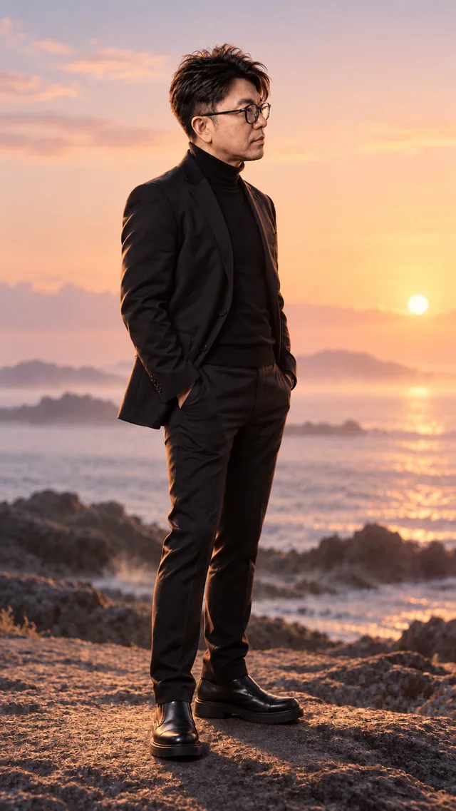 Sunrise Light: the same man in a black suit, showing fresh · hopeful · delicate light.