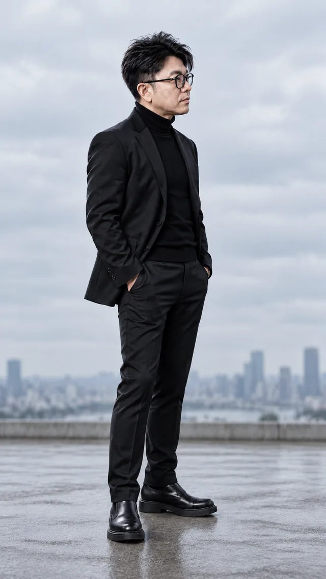 Overcast Light: the same man in a black suit, showing even · subtle · honest light.